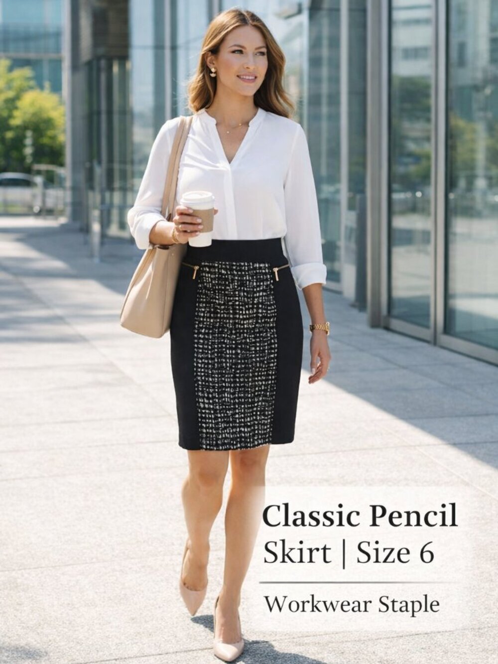 Michael Kors Black White Fitted Pencil Skirt Classic Workwear Spring Summer Sz 6